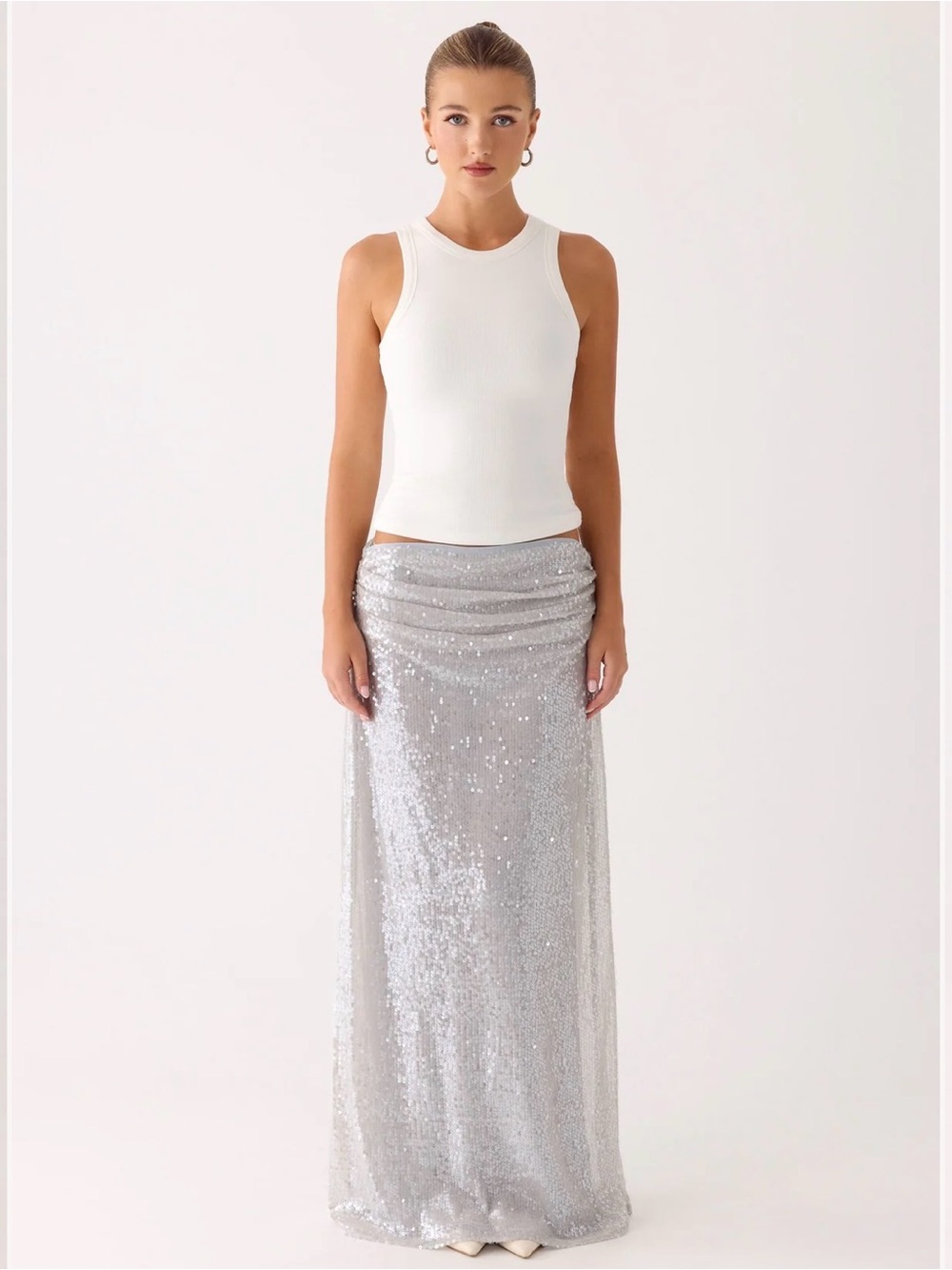 Peppermayo Susie Sequin Maxi Skirt
Sequin Maxi Skirt in Silver